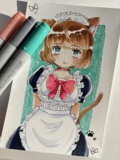 手描きイラスト　猫耳メイドの女の子　オリジナル創作原画　一点物