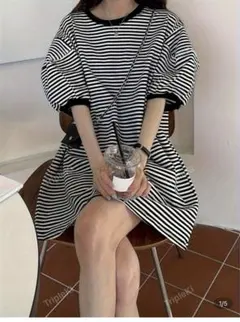 カジュアルコントラストストライプランタンスリーブワンピース