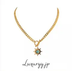 人気✨ターコイズ太陽じゃらじゃらネックレス 高品質サージカルステンレス 金アレ