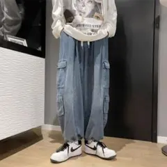 L デニムパンツ ワイド メンズ ウエストゴム カーゴ レディース a4