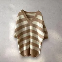 ＊レディース　半袖ニットセーター　Vネック リブ編み　カジュアル　ボーダー