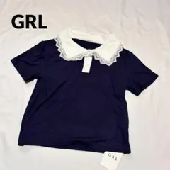 新品✨GRL レース襟配色ポロトップス ネイビー レディース 半袖 ストレッチのサムネイル