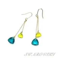 スワロフスキー・クリスタル　ブルージルコンとシトラスグリーンのチェーンピアス