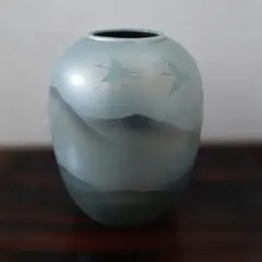 九谷焼　香祥　青色卵型ガラス花器 木製箱付き