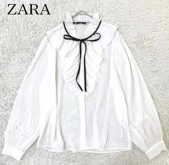 【美品】ZARA コントラスト リボン付 フリルブラウス 透け感 Lサイズのサムネイル