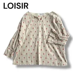 LOISIR ロワズィール✨7分袖プルオーバー ゆったり小紋 刺繍 ベージュ系