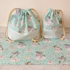 お弁当袋　コップ袋　 ランチョンマット3点セット ユニコーン　ペガサス　水色