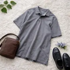 良品計画 ꕤ メンズポロシャツ 半袖 グレー コットン M シンプル ストライプ