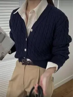 SHEIN ネイビー ケーブルニットカーディガン
