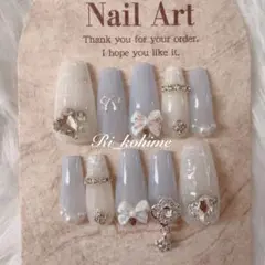 ネイルチップ現品フレンチガーリー量産型ワンホン韓国くすみブルーツイード水色推し