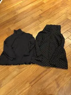 タートルネックトップス 2枚セット ブラック ドット柄 無地 キッズ 90cm