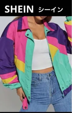 試着のみ♡SHEINシーイン/派手柄ジップアップブルゾン紫ピンク/ミント長袖薄手