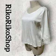 七分袖カットソー 綿100% Vネックカットソー (М) ホワイト 無地Tシャツ