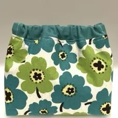 ハンドメイド　バネ口ポーチ(北欧柄風ポピー　ブルーグリーン系)