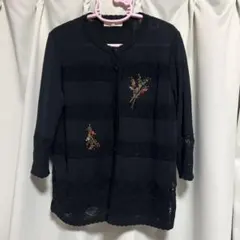 お買い得 オシャレ 美品 花柄刺繍 七分袖サマーカーディガン ブラック Ｍ〜Ｌのサムネイル