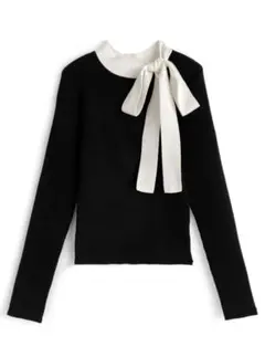 GRL 配色リボンリブニットトップス[lt127] ブラックSサイズ 新品