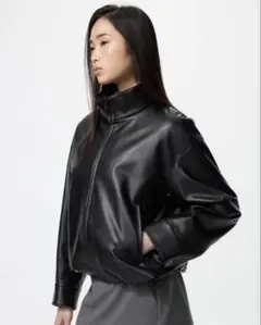 黒 合成皮革 スタンドカラー ジャケット