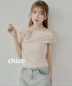 Chico ローズチョーカー付ワンショル裾レースT ピンク 美品