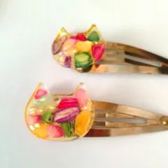 【訳あり】さざれ石 カラフル猫 親子ヘアピン ２個セット  ネコ　B級品