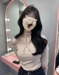 DAZY ホルターネック リブ編みオフショルダー長袖トップス 韓国系 かわいい