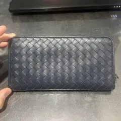 ファスナー破損ボッテガヴェネタ　ネイビー 編み込みレザー長財布