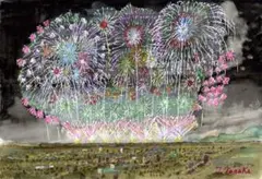 F6号】山下清【両国の花火】手描き/表サイン・裏共シール有り/油彩