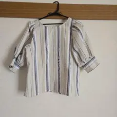 ストライプ柄 パフスリーブシャツ　スカートセットアップ