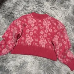 ZARA 花柄 長袖ニット ピンク クルーネック コンパクト丈 ピンク×ホワイト