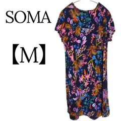 美品✨SOMA【M】花柄 半袖ワンピース ネイビー 可愛い 肌ざわいい