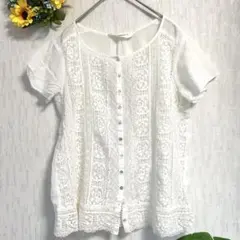【MERVEILLE H.】レース切替　半袖ブラウス　白 上品 通勤　綿　快適のサムネイル