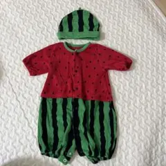 スイカ柄ロンパース・帽子・ミトン3点セット