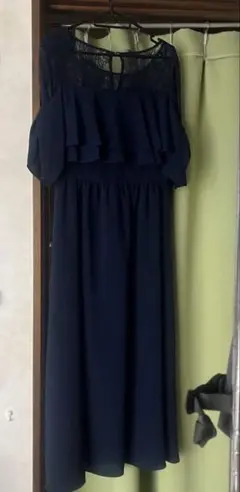 ネイビー レース フリル ロングワンピース