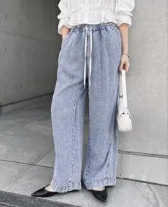 ライトブルーデニムワイドパンツウエストゴム