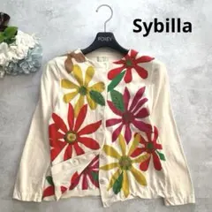 シビラ カーディガン 刺繍 花 フラワー 総柄 ベージュ 高級感 M 赤 黄 緑