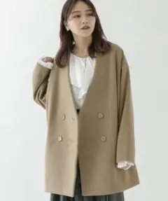 KBF ケービーエフ ビッグ ノーカラー ショート コート ジャケット ベージュ