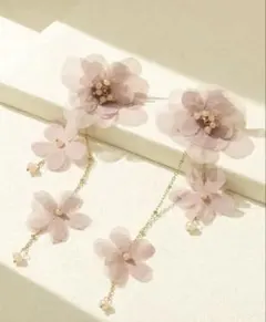 大ぶりシフォンフラワーピアスイヤリングパール揺れ感ブライダルアクセサリーお呼ばれ