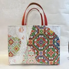 帯リメイク　横長トート　西陣　檜扇蜀江花文※