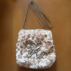 ファーバッグ チェーンショルダー ピンクベージュ リボン ビジュー付き