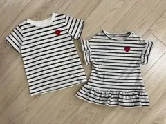 兄妹 お揃い ストライプ ハート刺繍 Tシャツ ワンピース 110 80