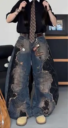 ダメージデザイン ワイドレッグデニムパンツ