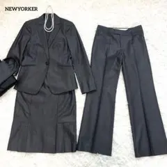 極美品　ニューヨーカー　スーツ３点セット　シルク混　ダークグレー　ストライプ9号