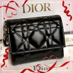 【美品】ディオール 三つ折財布 ロータス カナージュ エナメル ラムスキン／黒I