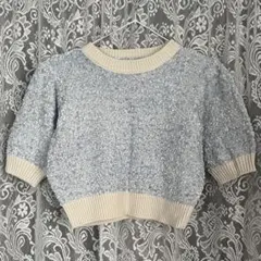 ニット セーター　サマーニット　半袖　ブルー　 パフスリーブ　ショート丈トップス