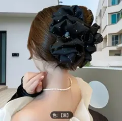 バンスクリップ リボン ハート型ラインストーン付き ヘアクリップ 黒 大きい
