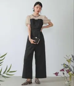 kana チュールパフスリーブワイドパンツオールインワン パーティー ドレス