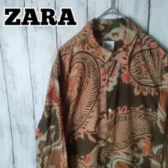 ZARA　ザラ　長袖シャツ　ペイズリー　レーヨン　M　茶色　緑　ゆるダボ　古着
