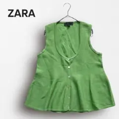 Y7088【ZARA】フレアニットベスト Uネック 前ボタン きれいめ 春夏 緑