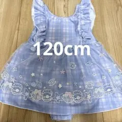 値下げ！美品！女の子用 ワンピース水着 120cm チェック柄 貝殻刺繍