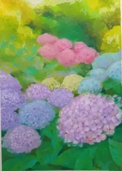 紫陽花 オイルパステル原画A4サイズ Y 油絵 油彩 油彩画 絵 絵画