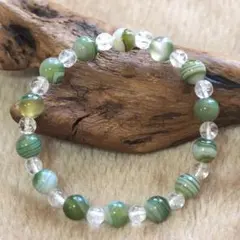 ブレスレット 緑縞瑪瑙(8mm)×2Aクラック水晶(6mm) 内径16.5cm
